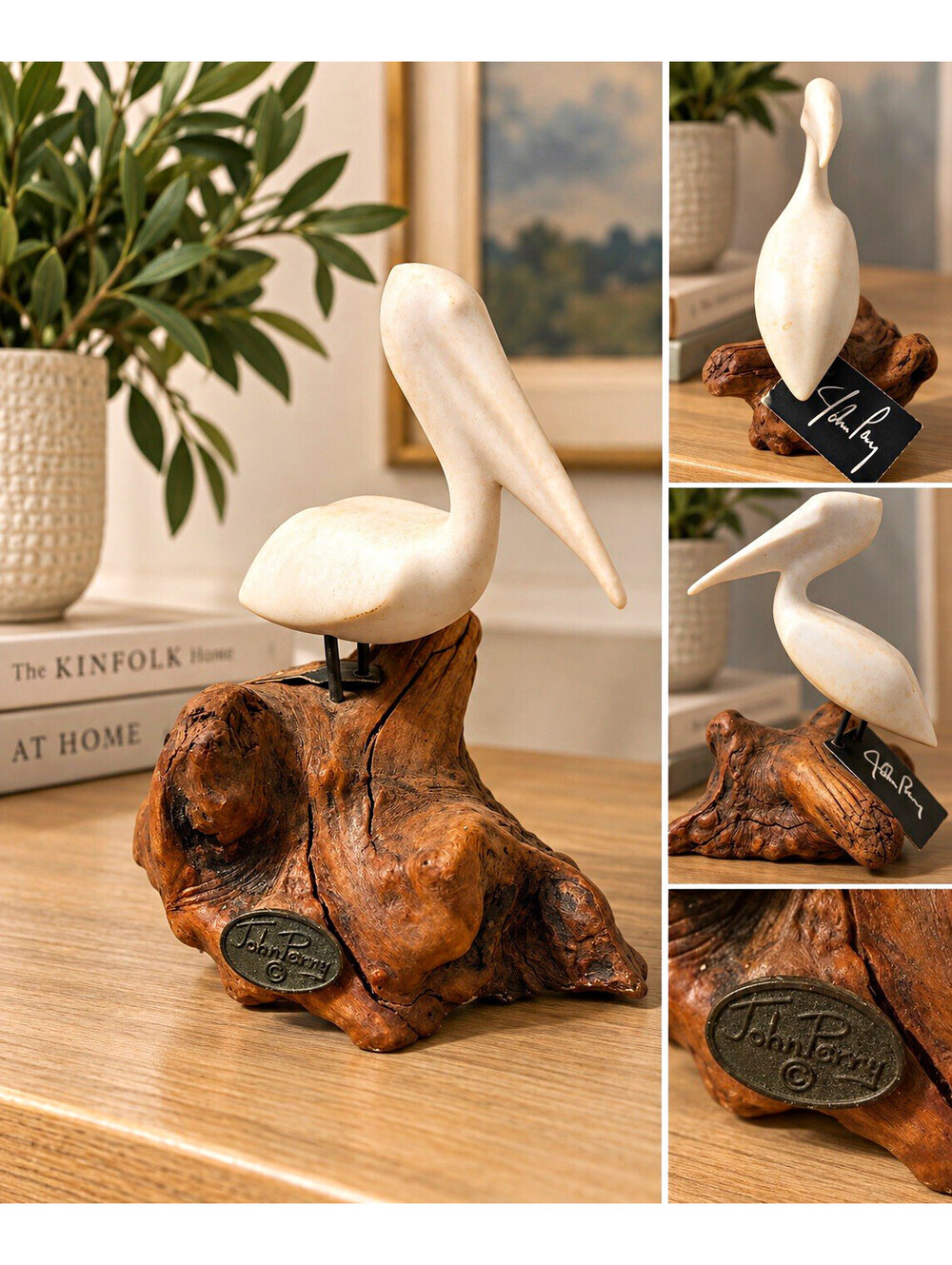 John Perry Hand Painted Signed 1988 Pelican Resin Sculpture 10" Wood Base